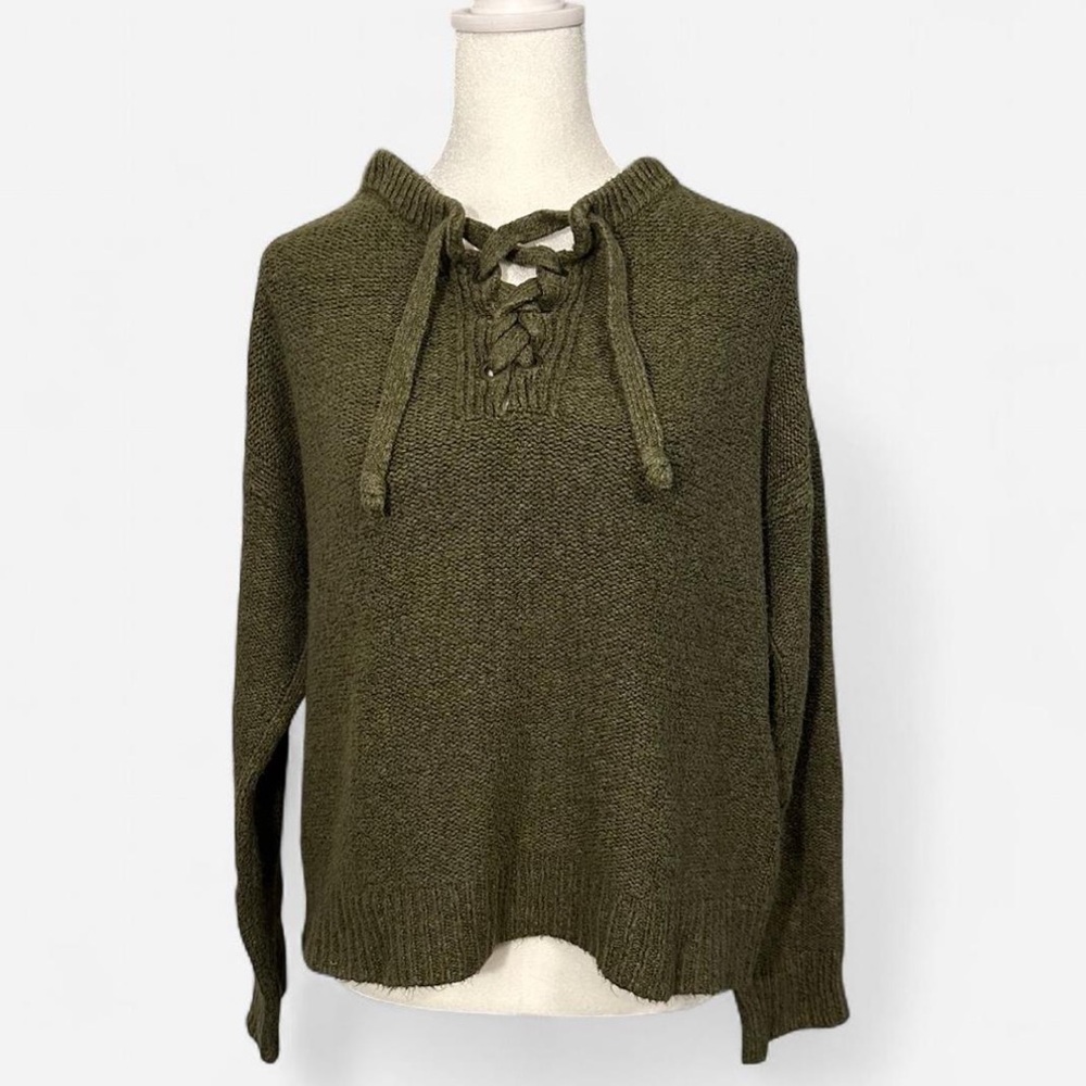 American‎ Eagle Outfitters Large Green Lace Up Neck Sweater Forest Fairy Boho